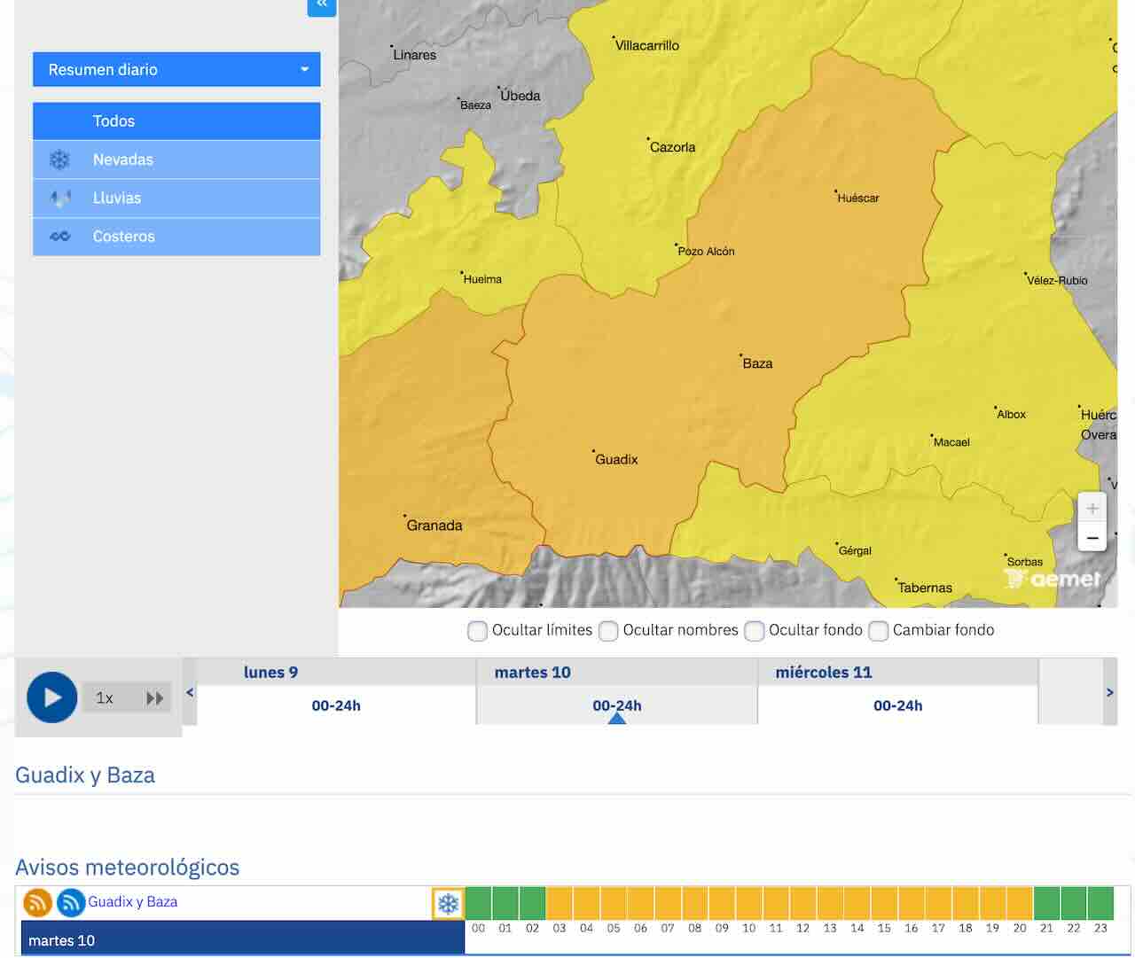 Mapa de alerta naranja por nevadas en la comarca de Guadix y Baza según AEMET