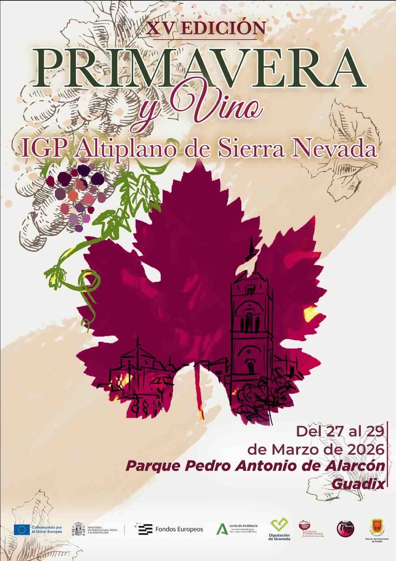 Cartel oficial Primavera y Vino Guadix 2026 IGP Altiplano de Sierra Nevada en el Parque Pedro Antonio de Alarcón