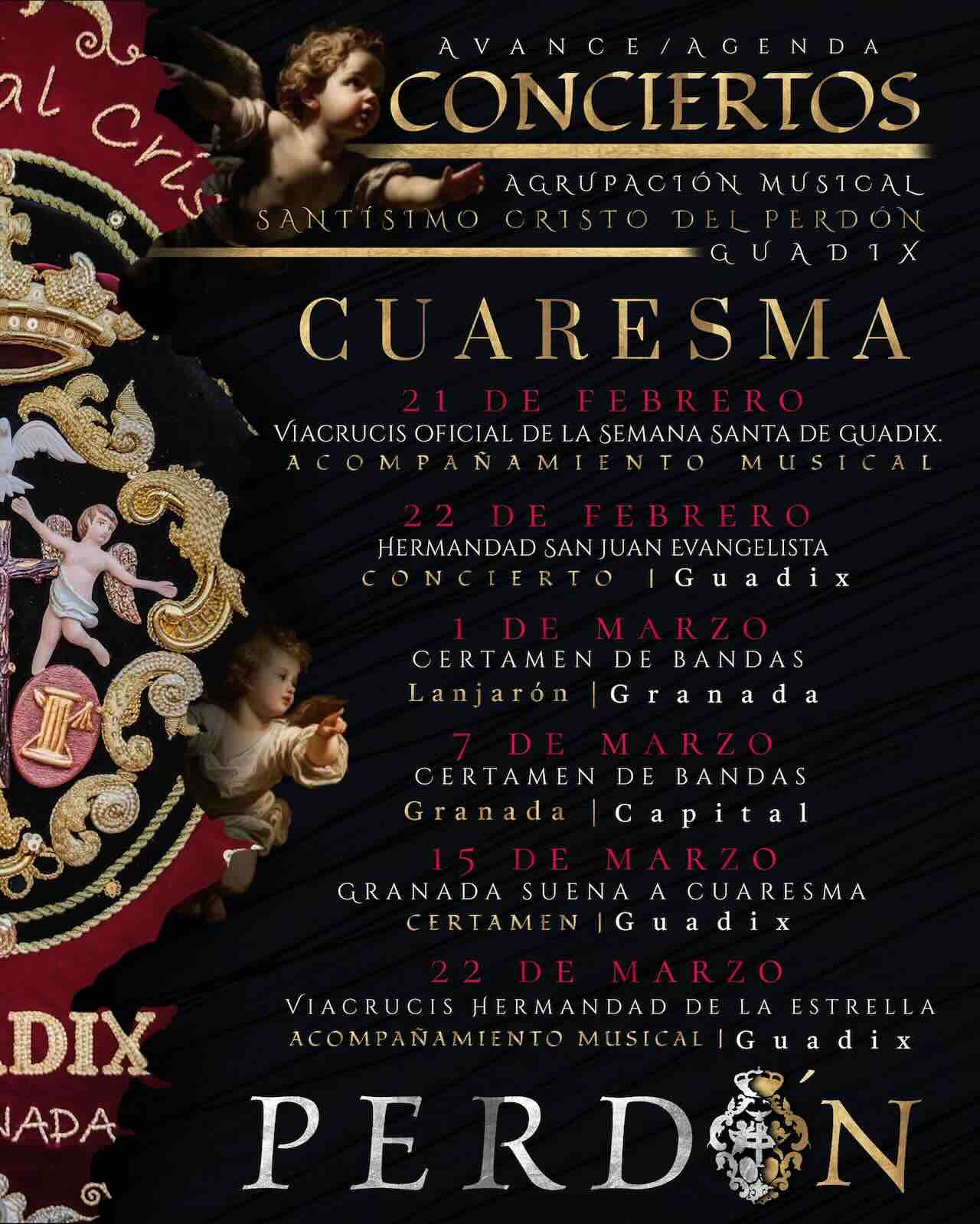 Cartel agenda de conciertos Cuaresma 2026 de la Agrupación Musical Santísimo Cristo del Perdón de Guadix