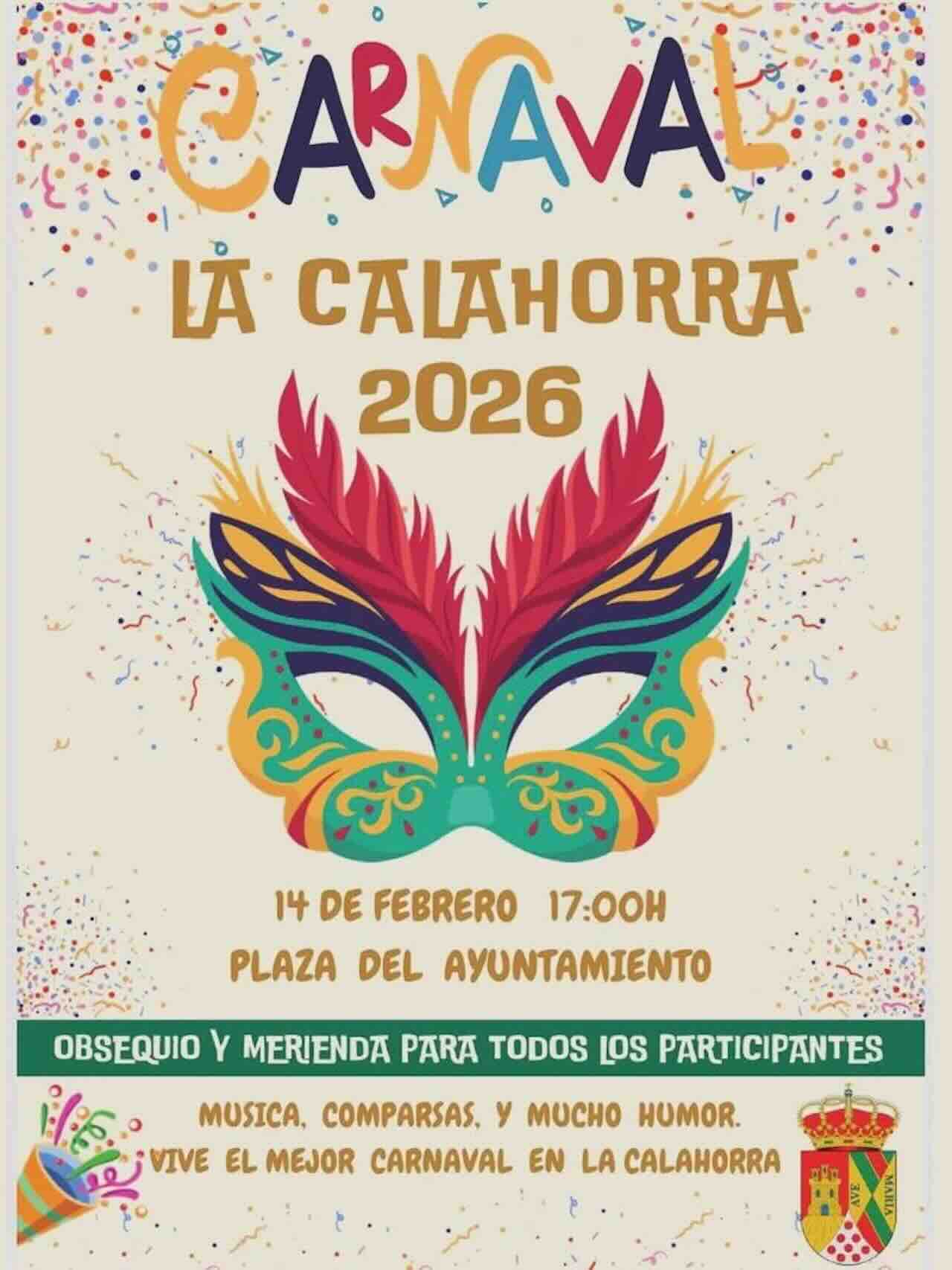 Cartel del Carnaval de La Calahorra 2026 con máscara de carnaval, fecha 14 de febrero y actividades en la Plaza del Ayuntamiento