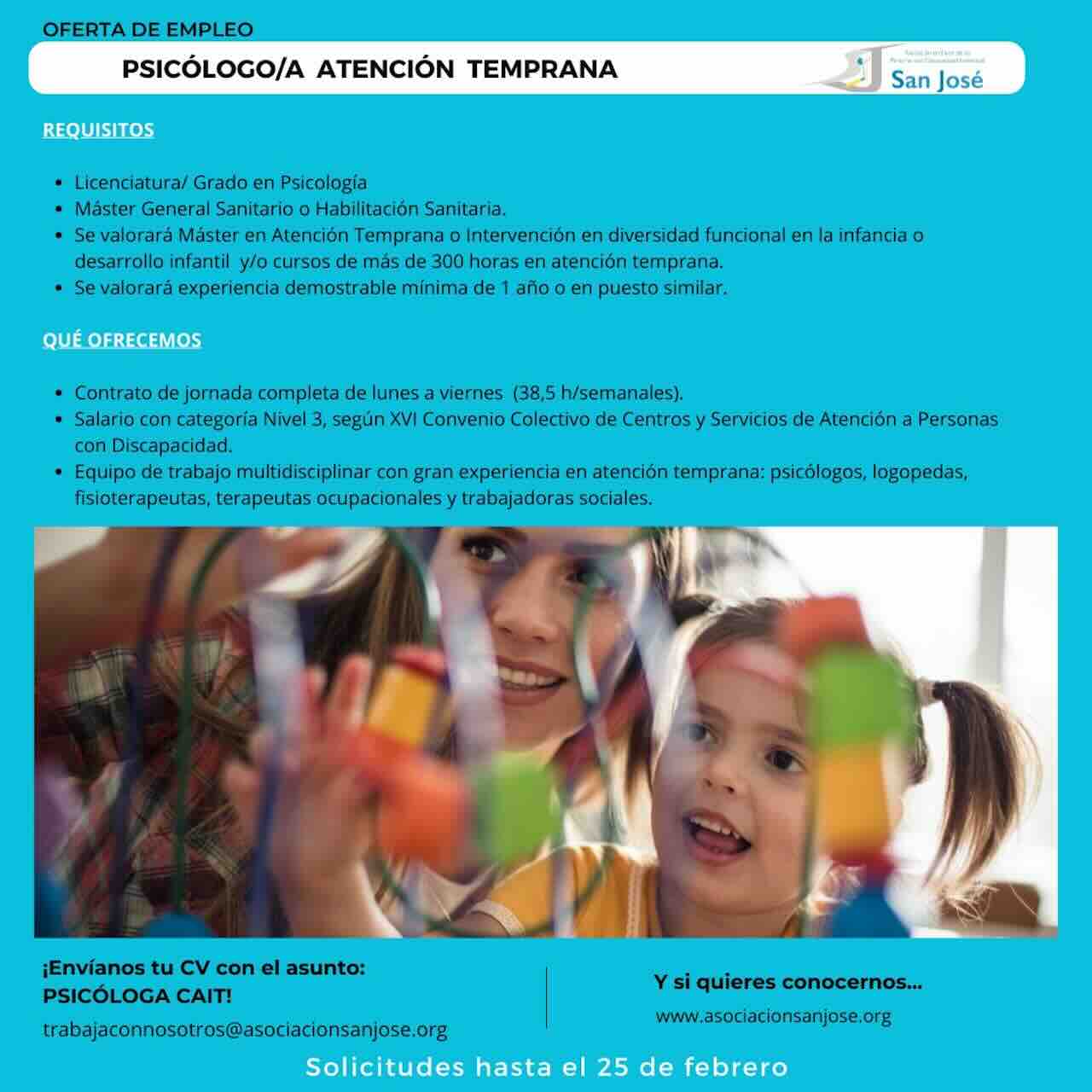 Oferta de empleo Psicólogo Atención Temprana Asociación San José Guadix