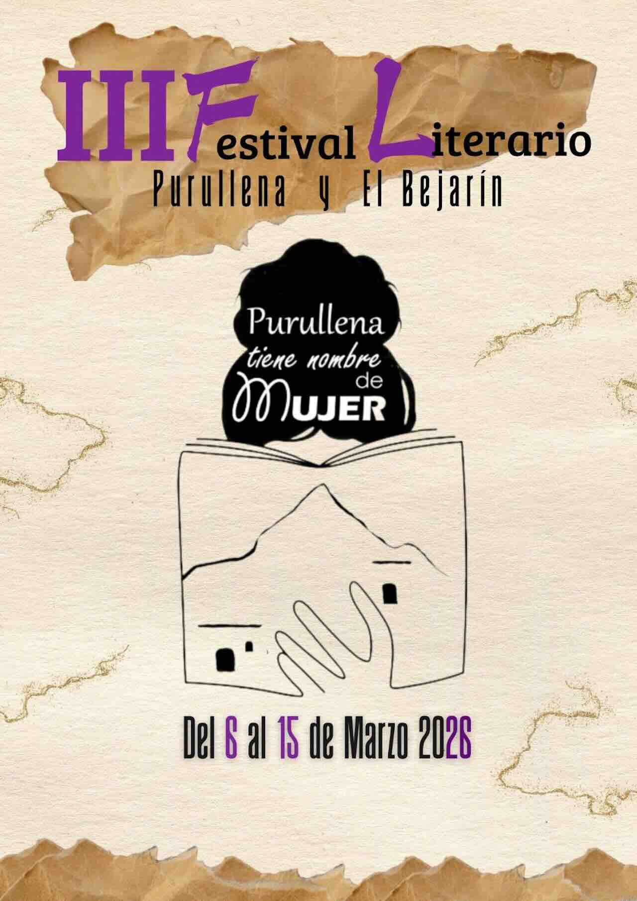 Cartel del III Festival Literario Purullena 2026 “Purullena tiene nombre de Mujer” celebrado del 6 al 15 de marzo en Purullena y El Bejarín