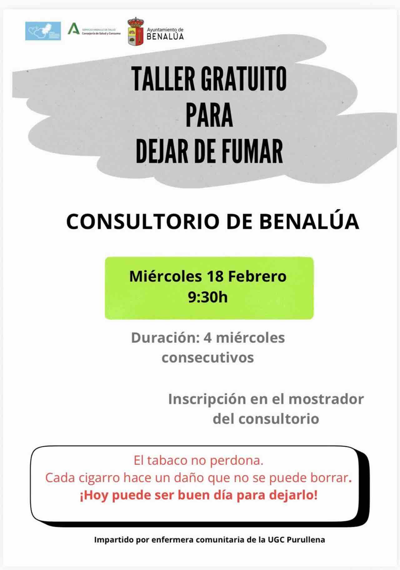 Cartel del taller gratuito para dejar de fumar en el consultorio de Benalúa febrero 2026
