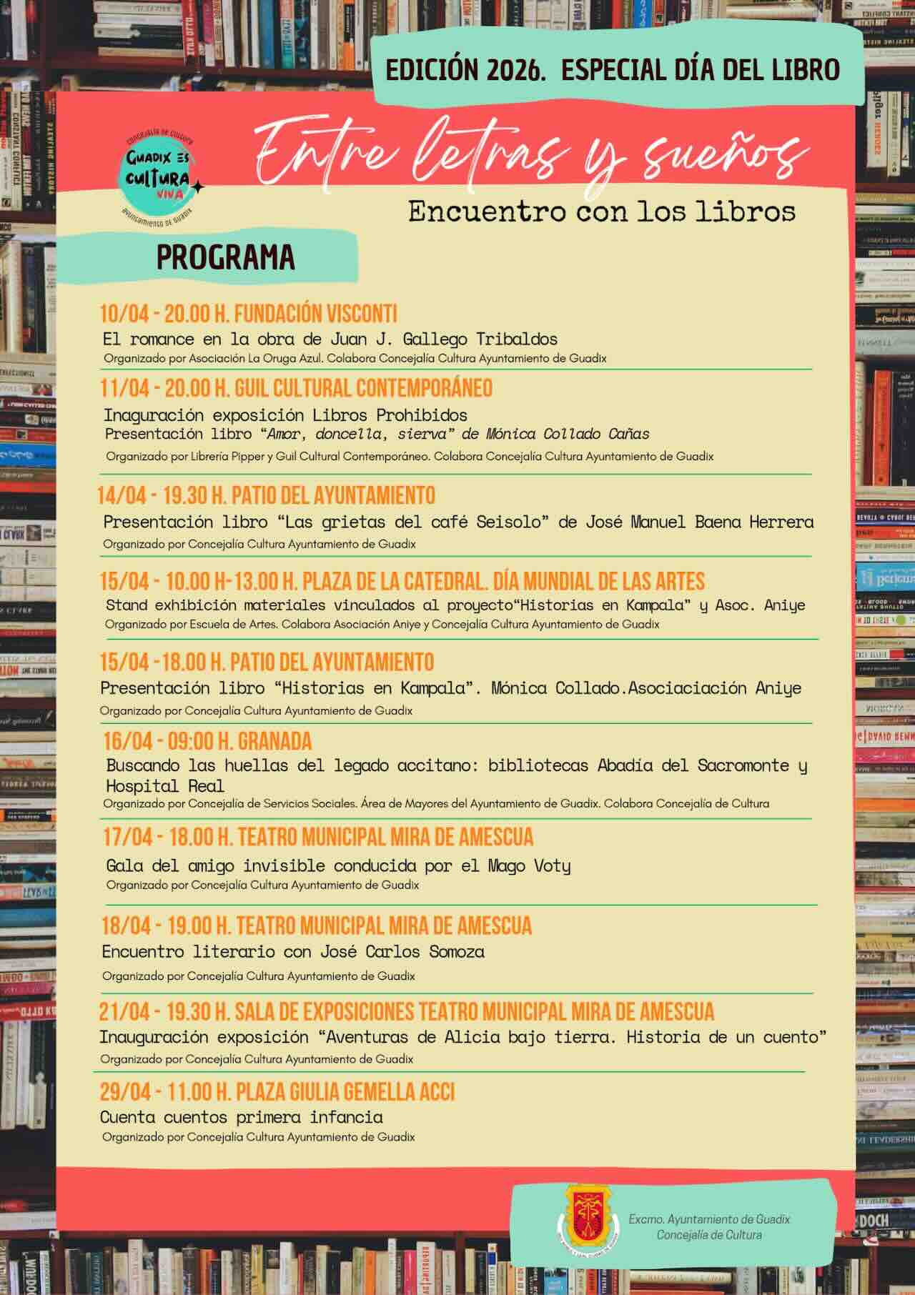 Cartel del Día del Libro 2026 en Guadix con programación de actividades culturales durante el mes de abril