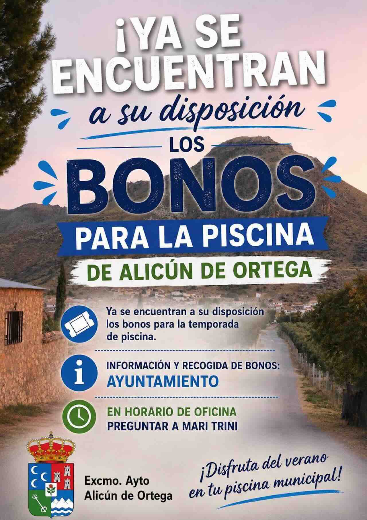 Cartel informativo de los bonos de la Piscina Municipal de Alicún de Ortega para la temporada de verano 2026.