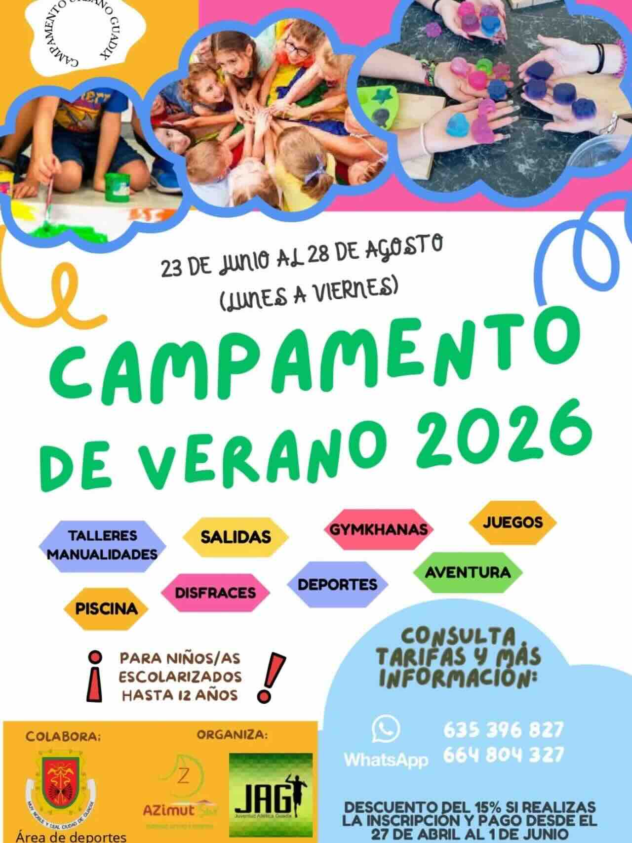 Niños participando en el Campamento de Verano 2026 en Guadix con actividades de ciencia, deporte, piscina y naturaleza.