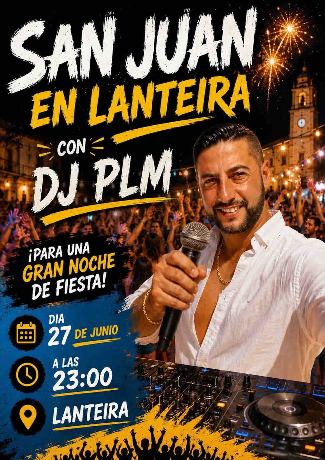 Cartel de la fiesta de San Juan 2026 en Lanteira con actuación de DJ PLM y actividades de verano.