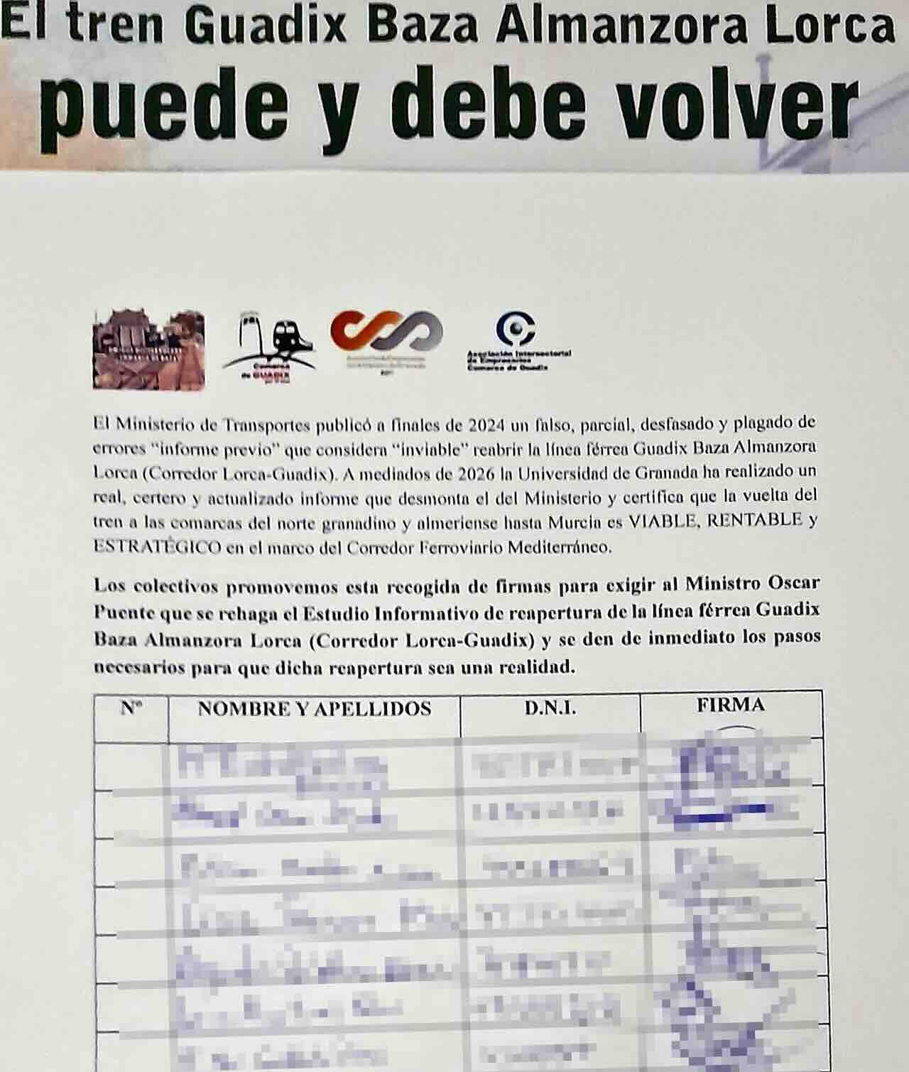 Firmas por la vuelta del tren Guadix Baza Almanzora Lorca
