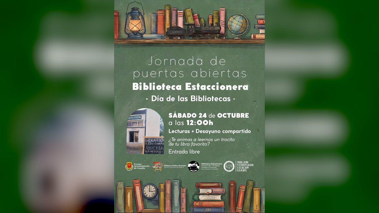 Cartel de la Jornada de Puertas Abiertas de la Biblioteca Estaccionera por el Día de las Bibliotecas, sábado 24 de octubre a las 12:00 en Guadix